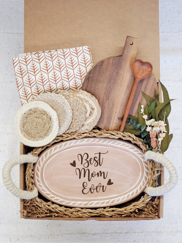 Bread Warmer Gift Box With Round Wooden Board and Spoon - Mom Oval