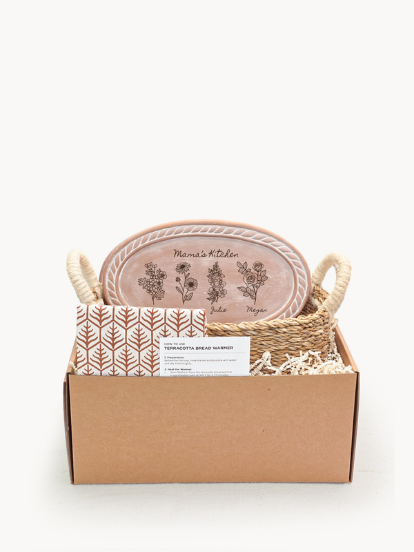 Personalized Bread Warmer & Basket Gift Set with Tea Towel - Birth Flower Oval