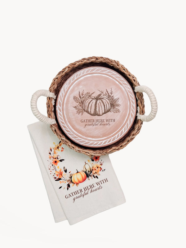Bread Warmer & Basket Gift Set with Tea Towel - Pumpkin Round