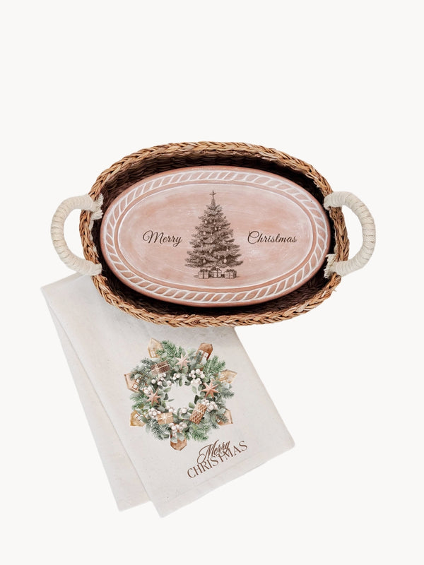 Bread Warmer & Basket Gift Set with Tea Towel - Christmas Tree Oval