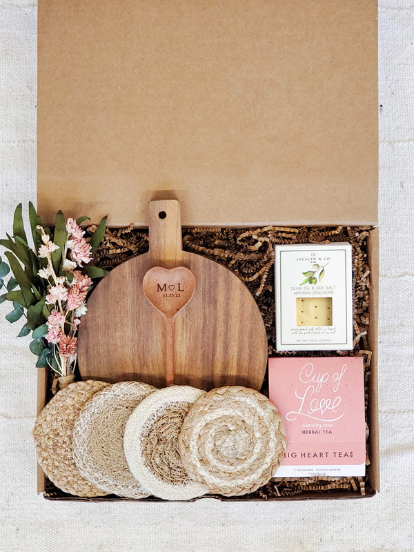 Monogrammed Gift Box With Wood board, Wood Spoon, Tea And Cookies