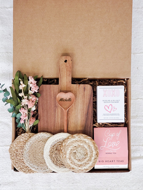Personalized Love Gift Box With Wood board, Wood Spoon, Tea And Cookies
