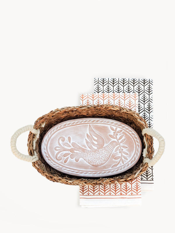 Bread Warmer & Basket Gift Set with Tea Towel - Bird Oval