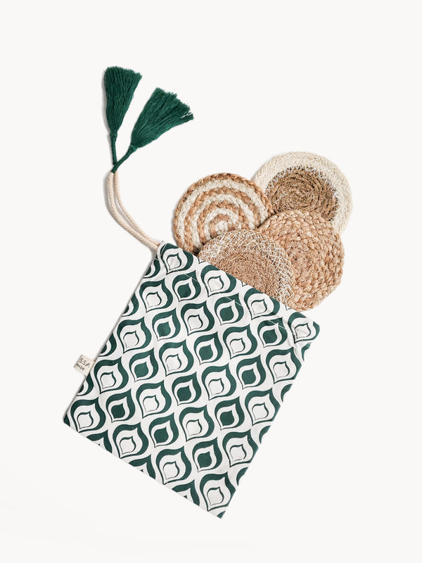 Mini coaster gift set (x 4) handmade with 100% Jute and seagrass and hand screen printed drawstring green pouch handmade by Bangladesh Women Artisans. 