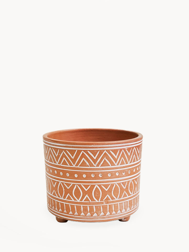 Handmade terracotta pot - Small is artisan-inspired patterns that have been hand etched. A beautiful design of dynamic geometric patterns and hand-crafted from clay.