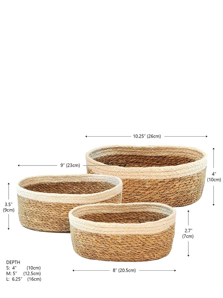 Savar Oval Bowl set is made of seagrass leaves with natural jute accent at top.