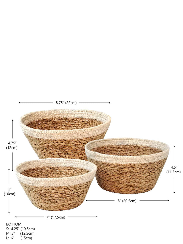 Savar Plant Bowl set is made of seagrass leaves with natural jute accent at top.