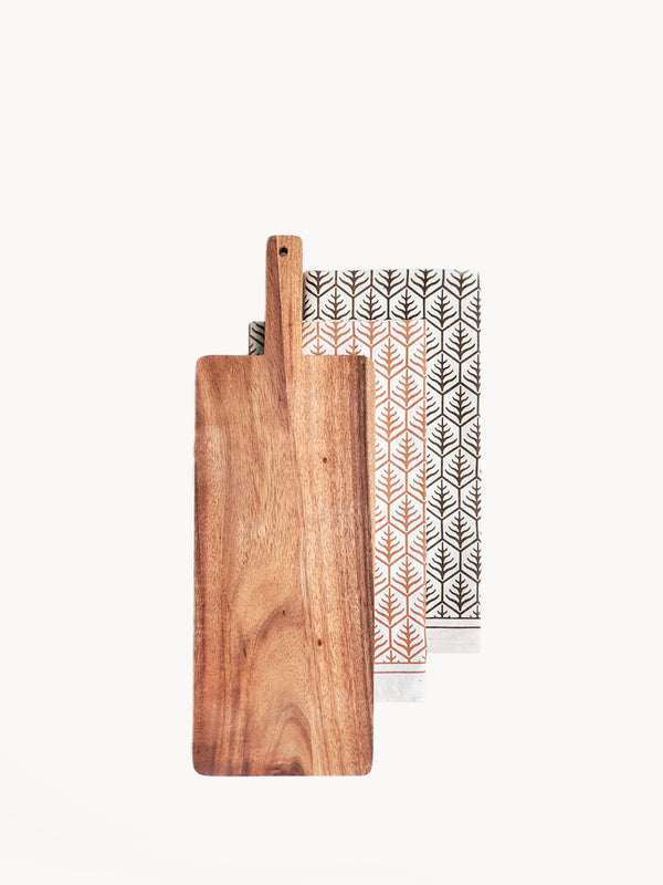 Handcrafted wooden serving board gift set - large, from sturdy Albizia hardwood and hand screen-printed tea towels in two colors on natural cotton