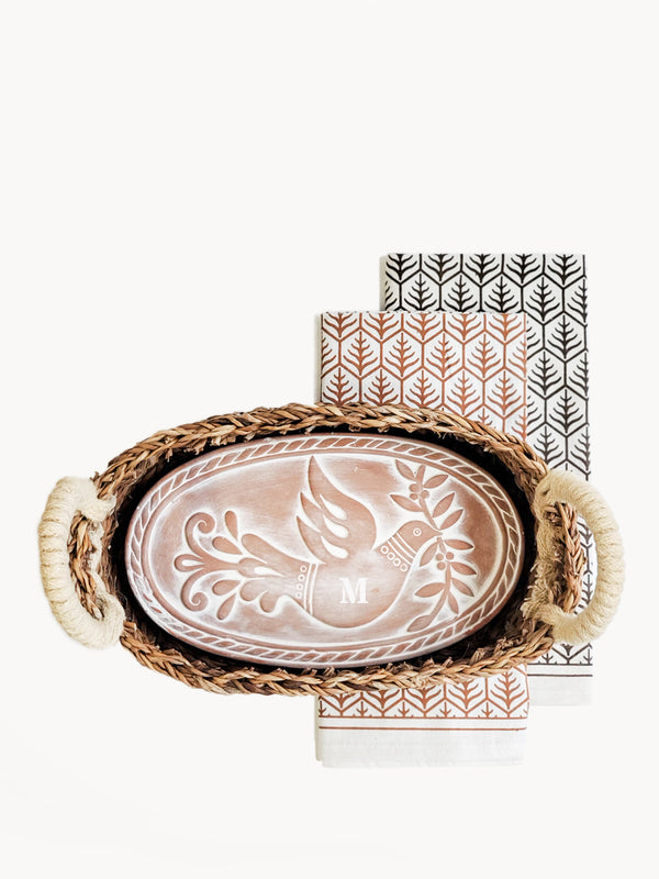 Monogrammed Bread Warmer & Basket Gift Set with Tea Towel - Bird Oval