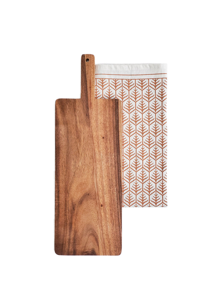 Handcrafted wooden serving board gift set - large, from sturdy Albizia hardwood and light brown hand screen-printed tea towel on natural cotton