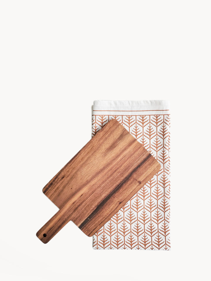 Handcrafted wooden serving board gift set - Small from sturdy Albizia hardwood, light brown hand screen-printed tea towel on natural cotton