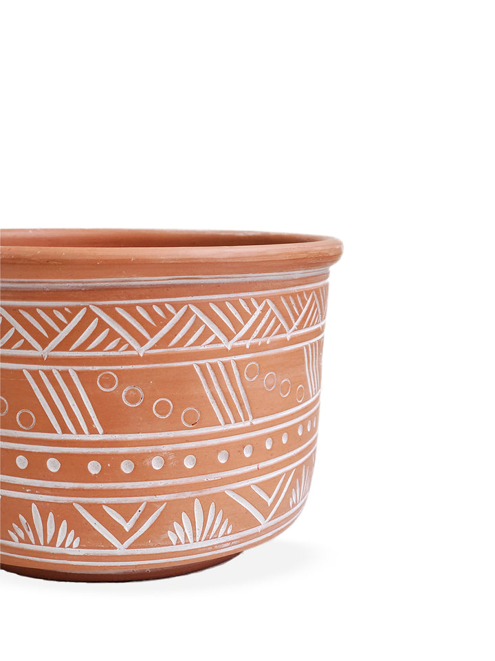 Handmade terracotta pot - Large is artisan-inspired patterns that have been hand etched. A beautiful design of dynamic geometric patterns and hand-crafted from clay