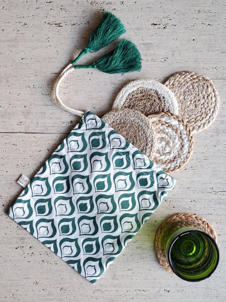 Mini coaster gift set (x 4) handmade with 100% Jute and seagrass and hand screen printed drawstring green pouch handmade by Bangladesh Women Artisans.