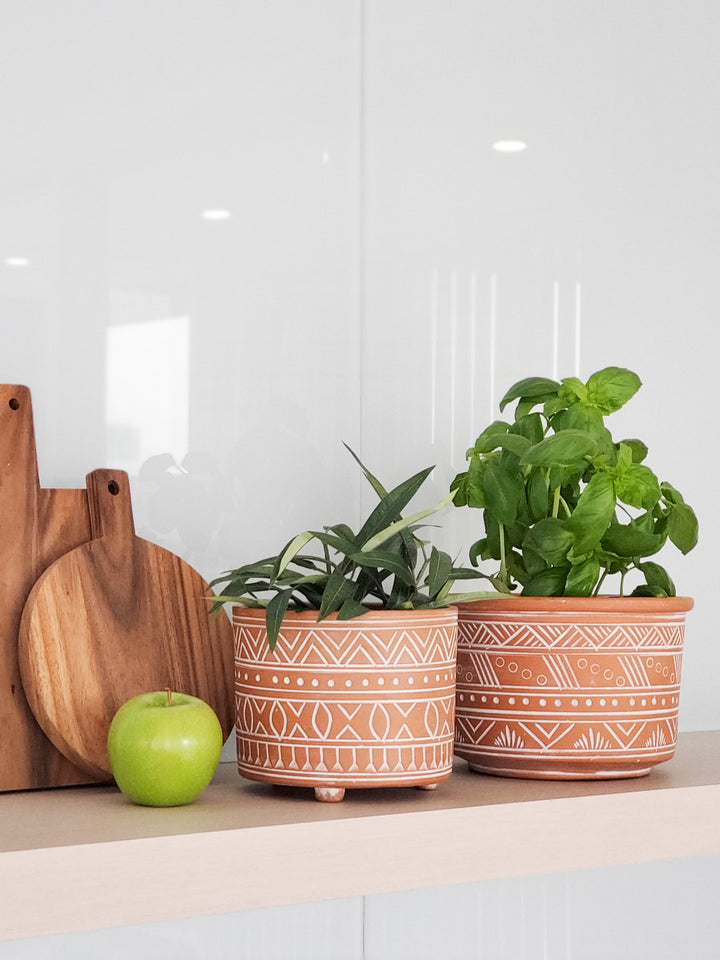 Handmade terracotta pots - small and large are artisan-inspired patterns that have been hand etched. A beautiful design of dynamic geometric patterns and hand-crafted from clay.