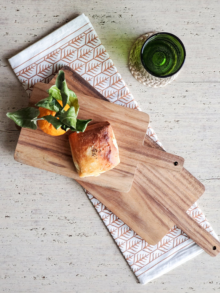 Handcrafted wooden serving board gift set - small, large from sturdy Albizia hardwood, hand screen-printed tea towel on natural cotton and coaster