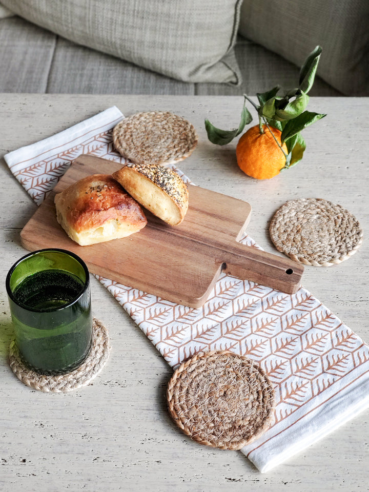 Handcrafted wooden serving board gift set - small from sturdy Albizia hardwood, hand screen-printed tea towel on natural cotton and coasters