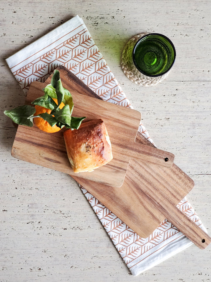 Handcrafted wooden serving board  - small and large from sturdy Albizia hardwood, hand screen-printed tea towel on natural cotton and coaster