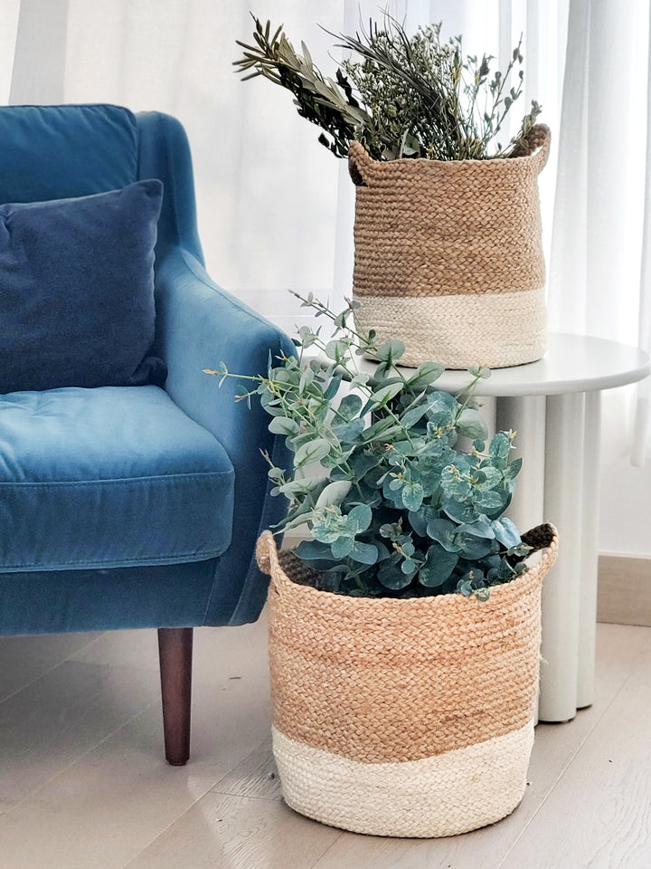 Hand braided jute basket store everything - from books, toys, linens to plants – and useful in every room of the home.