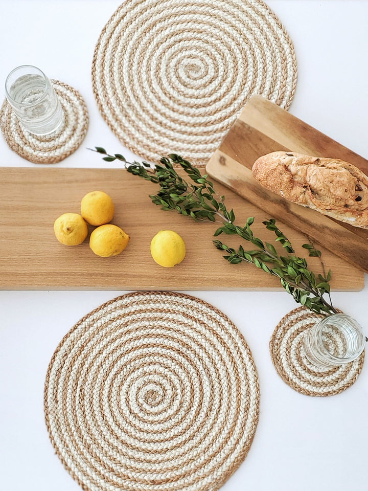 Round shape placemat and coaster made with 100% natural Jute and handcrafted wooden serving board